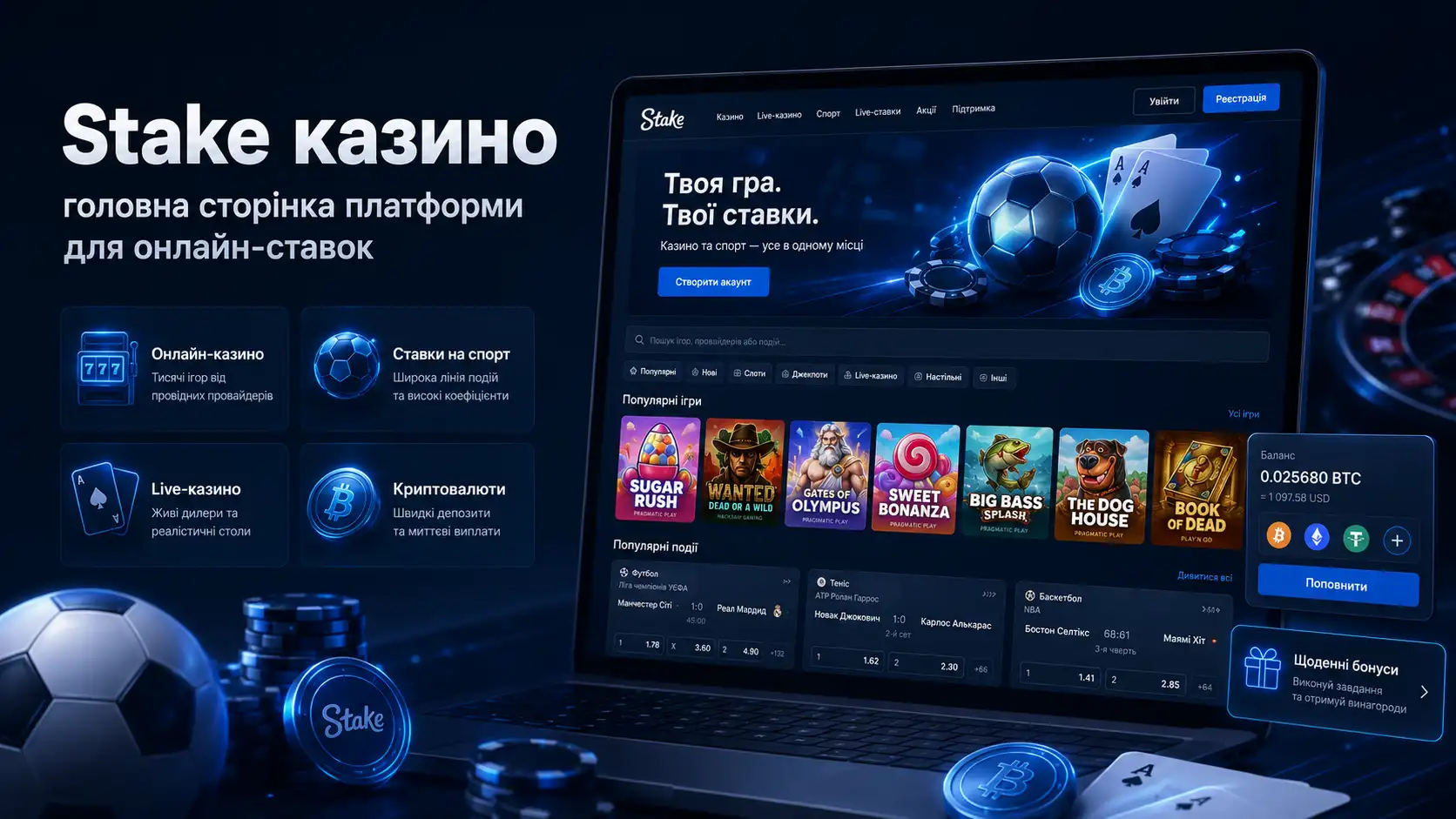 Stake казино — ігрове лобі з асортиментом слотів та Originals